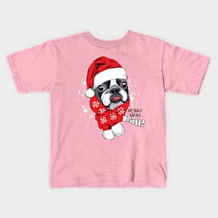 French Bulldog in Santa's cap and red scarf Kids T-Shirt